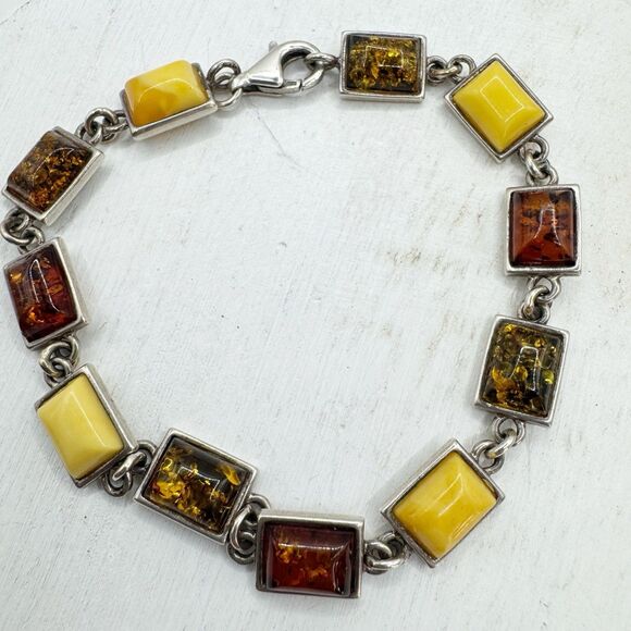 Bezel Set Amber Sterling Silver Link Bracelet Baltic Butter Cognac Honey Amber - Picture 1 of 13